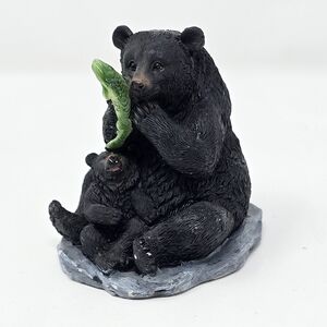 DWK  wild black bear catching fish w/cub wood figurine animal home decor